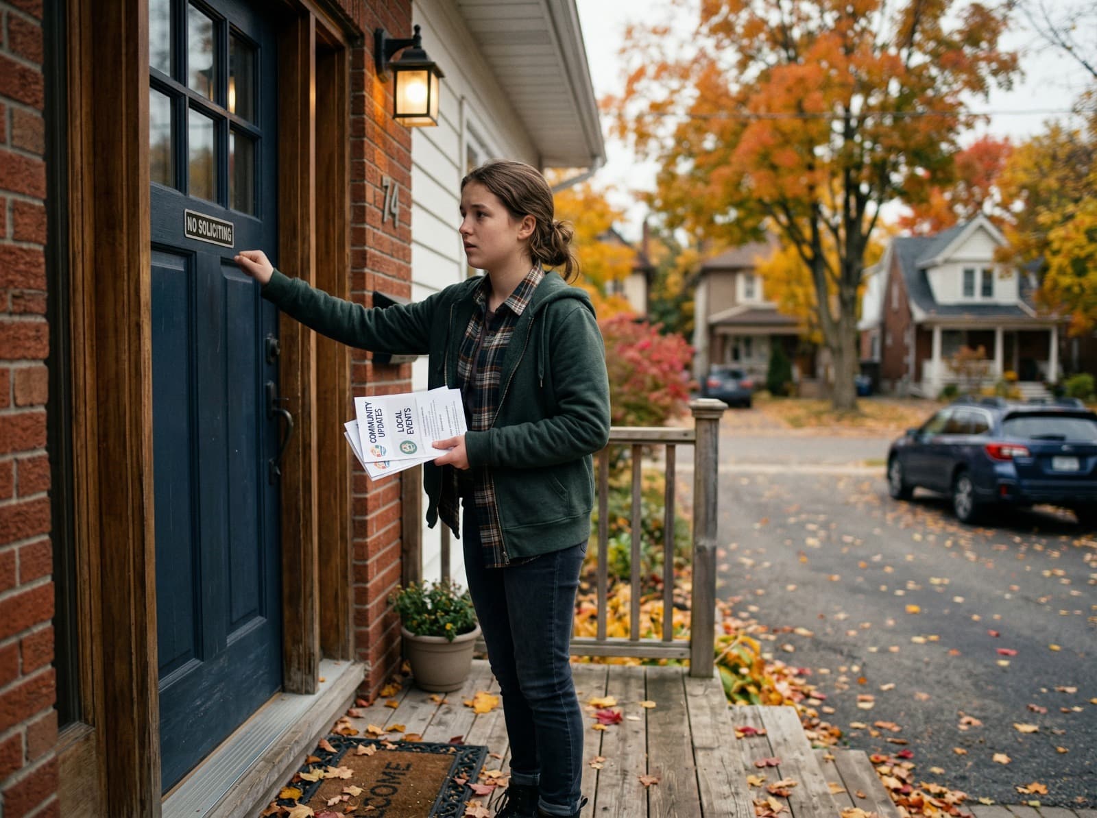 A person at a front door in winter