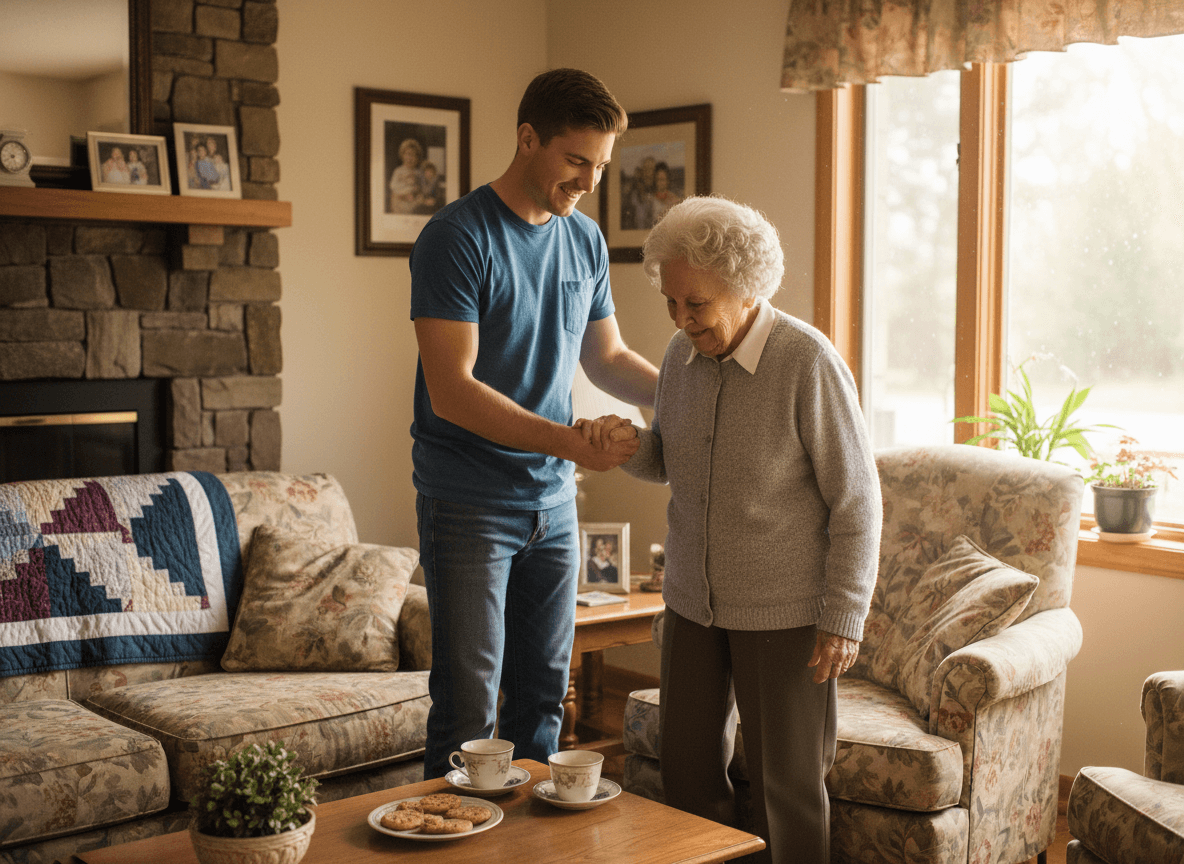 A person helping an elderly neighbor at home